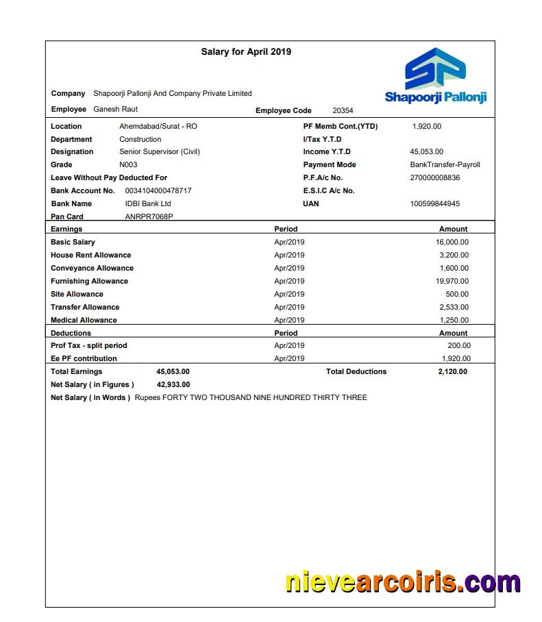 Shapoorji Pallonji employee pay stub
